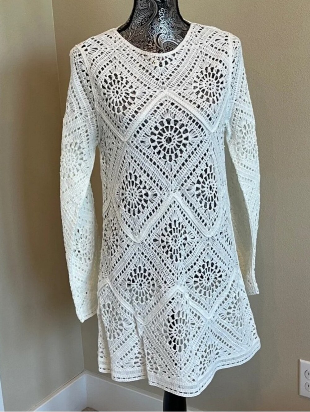 Joie White 100% Cotton Crochet Mini Dress Beach Pool Swim Coverup Summer Boho